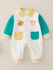 Newborn baby bear cotton romper with contrast sleeves and smile embroidery detail