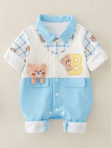 Newborn baby blue polo jumpsuit with cute bear embroidery and knit texture