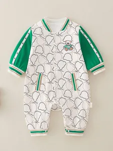 Infant long sleeve baseball romper with bear embroidery and all-over Happy Bear print