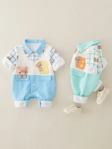 Infant cotton long sleeve romper with 3D bear decor and plaid details in blue and mint