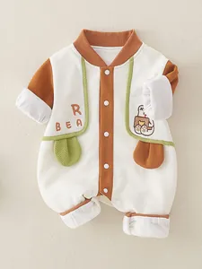 Cute cotton baby long sleeve romper with bear embroidery and waffle texture finish