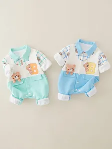 Infant long sleeve polo romper with cute teddy bear and plaid sleeves in mint and blue