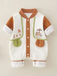 Baby boy cotton waffle romper with bear embroidery and caramel contrast details