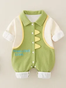 Infant Baby Cotton Waffle Knit Romper Long Sleeve Dinosaur Themed Jumpsuit One-Piece Patchwork Newborn Outing Clothes
