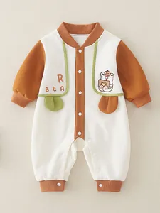 Baby boy's cotton long sleeve romper with cute bear embroidery and waffle knit texture