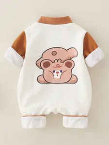 Cute baby boy cotton romper with waffle texture and cartoon bear design in white and brown