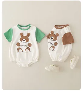 Detail of short sleeve cotton baby rompers featuring cute 3D bear embroidery and snap buttons
