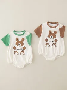 Cotton Short Sleeve Baby Romper Cartoon Bear With 3D Ears Snap Closure Summer Newborn Infant Bodysuit Soft Breathable One-Piece Outfit
