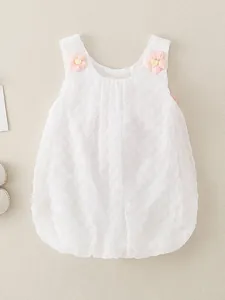 Vestido Mameluco de Princesa para Bebé Niña Blanco Sin Mangas Lazo de Tul Espalda Decoración Flor 3D Verano Niña Fiesta Ropa