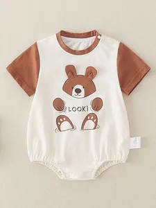 Short sleeve cotton baby romper featuring a cute 3D bear design and snap button closures