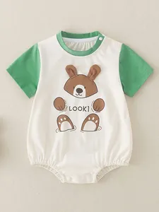 Short sleeve cotton baby romper in cream and green with a cute 3D ear cartoon bear
