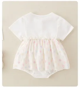 Close-up of cotton baby bodysuit dress with a balloon pattern skirt and ruffle details