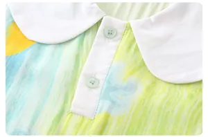 Close-up of baby girl cotton romper featuring Peter Pan collar and artistic oil painting print