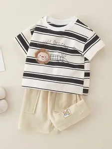 Conjunto de Verano para Niño Pequeño Camiseta de Algodón a Rayas y Pantalones Cortos Casual con Bordado de León Top y Pantalones