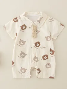 Infant Baby Romper Short Sleeve Cotton Bear Print Bowtie Lapel Summer Thin Newborn Jumpsuit Boys Casual Soft One Piece Clothes