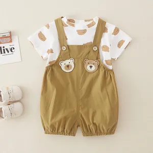 Vêtements d'Été pour Bébé en Coton Ours Dessin Animé T-Shirt à Manches Courtes et Short à Bretelles pour Nourrissons