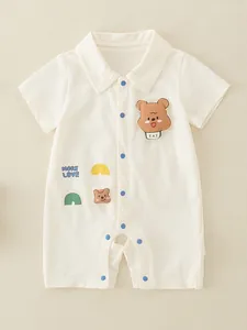 Baby Strampler Sommer Baumwolle Kurzarm Jumpsuit Für Kleinkinder Jungen Mädchen Cartoon Bär Druck Revers Button Bodysuit