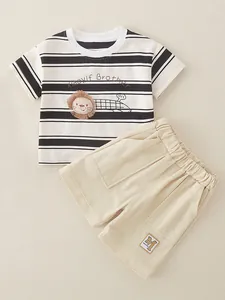 Conjunto de verano de algodón para niños con camiseta de león a rayas y pantalones