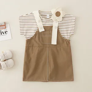 Conjunto de Camiseta a Rayas y Falda con Tirantes y Flor 3D para Bebé Niña Algodón Casual Estilo Coreano Ropa de Verano