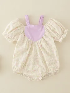 Baby Girl Floral Romper 100% Cotton Summer Sleeveless Body Suit Sweet Purple Heart Pattern Puffed Sleeve Toddler Jumpsuit