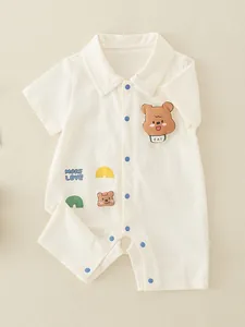 Kurzärmeliger Baby-Strampler aus Baumwolle mit Polokragen und Bären-Stickerei