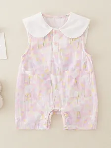 Cute baby girl floral romper with white Peter Pan collar and soft cotton fabric for summer