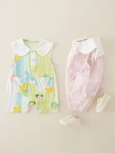 Baby girl summer cotton rompers with abstract watercolor and floral patterns and shoes