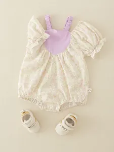 Floral cotton newborn baby girl romper set with purple heart and white walking shoes