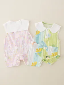 Baby girls floral sleeveless cotton rompers with white doll collars and button closures