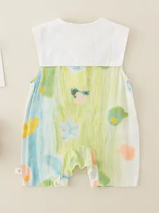 Infant girl cotton romper with white top and colorful abstract watercolor print patterns