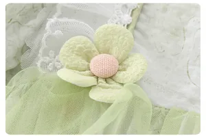 Dettaglio di un vestito da neonata verde chiaro con pizzo, tulle e fiori decorativi