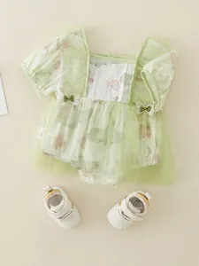 Zomer Baby Meisjes Bloemen Mesh Romper Met Schoenen Set Zoete Prinsessenstijl Korte Mouw Baby Bodysuit Zacht Polyester