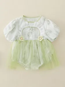 Pagliaccetto estivo neonata con maniche a sbuffo e gonna tutu in rete verde
