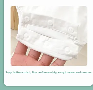 Detail of baby bodysuit bottom featuring three resin snap buttons for easy diaper changes