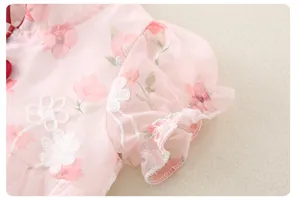 Detail of pink floral baby romper with traditional frog buttons and embroidery