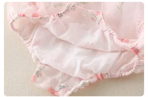 Detail of baby bodysuit featuring floral print and bottom snap buttons for easy diapering