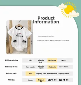 Detail of cotton baby romper with panda prints, size chart, and soft fabric specs