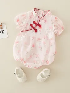 Baby Girl Chinese Style Bodysuit And Shoes Floral Embroidered Romper Chiffon Mesh Puff Sleeve Jumpsuit Summer Infant Outfits