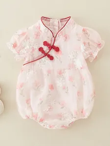 Short sleeve baby girl pink floral romper with traditional Chinese frog button and embroidery