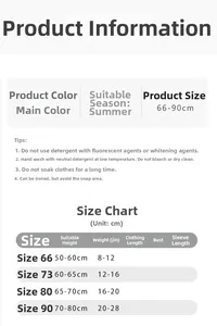 Detailed size chart and care guide for baby cotton overall set with washing instructions