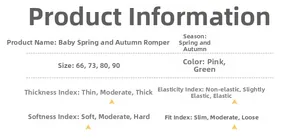 Sizing and quality chart for baby rompers detailing fabric thickness and elasticity