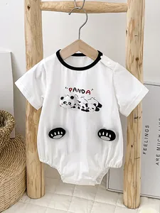 Cartoon Panda Print Baby Short Sleeve Romper Cotton Summer Bodysuit With 3D Decoration Infant Boys Girls White Crawler