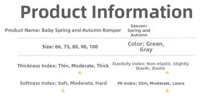 Infant romper product information chart showing size options and fabric features