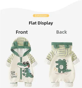 Front and back flat-lay view of the baby onesie with cartoon crocodile and hood