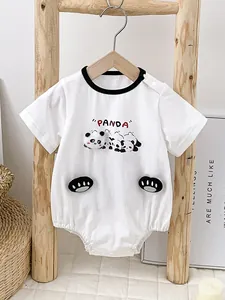 Cute panda cartoon print baby short sleeve cotton bodysuit with 3D paw patches decor