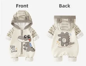 Front and back view of warm cartoon crocodile baby romper with textured cotton fabric