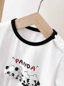 White cotton baby bodysuit with cute panda print and 3D plush panda head decoration