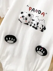 Short sleeve baby cotton romper featuring 3D panda plush head and cartoon print