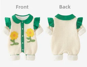 Detailed front and back view of waffle knit baby romper with sunflower appliques
