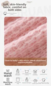 Detailed macro view of pink knit fabric texture and baby garment laundry care instructions